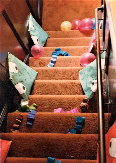scanned film: events '78 thru '88; coming up the stairs for the cat birthday party at 520 laguna 2-80*