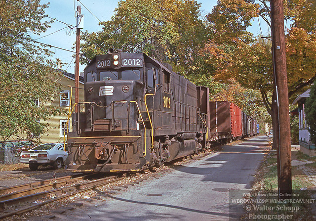 Conrail GP38 2012 {built 7/70 as PRSL 2012 would later become PC/CR 7672} This was one of the PRSL units that PC ended up with that PRSL couldn't finance.  Photo taken October 1976 along E. 3rd St. in Moorestown, NJ.