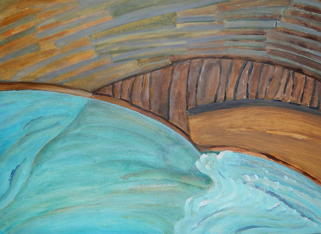 acrylic paint on watercolour paper of the soft turquoise Bow River  where it runs through Johnston Canyon in Banff, Canada