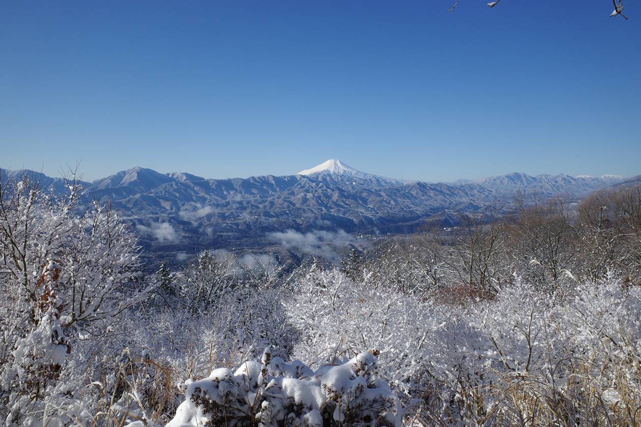 陣馬山で雪山登山　山頂からの富士山の展望