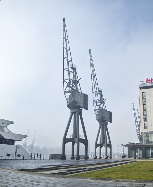docklands, London - Cranes in the fog