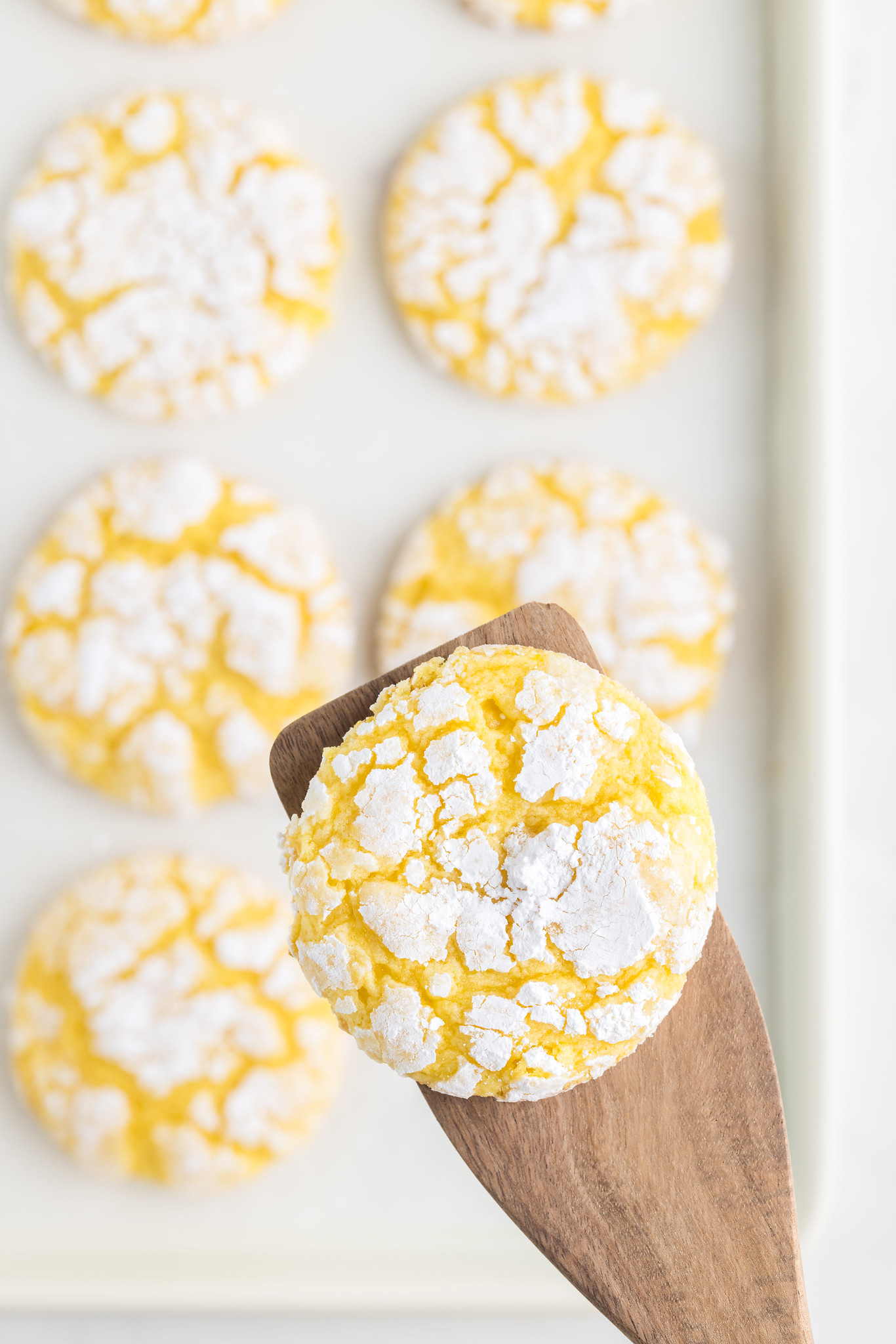 Lemon crinkle cookie on a wooden spatula with more cookies in the background