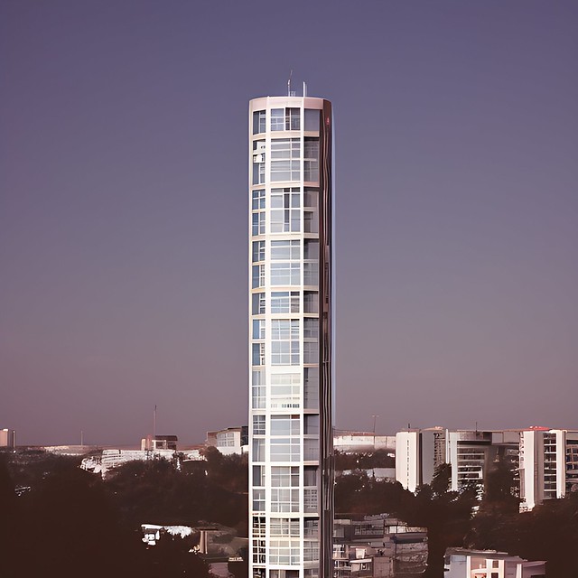 35mm photography of a futuristic tower