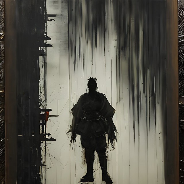 cyberpunk samurai in front of tall building at night painting ...