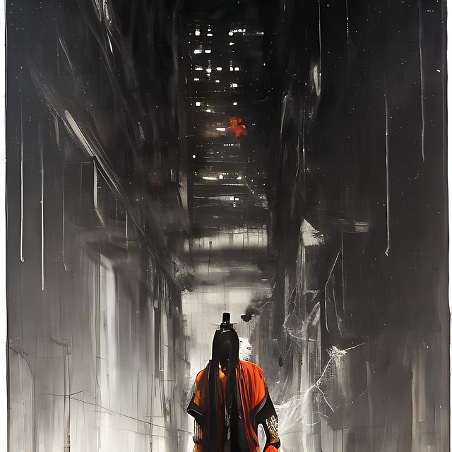 cyberpunk samurai in front of tall building at night painting ...