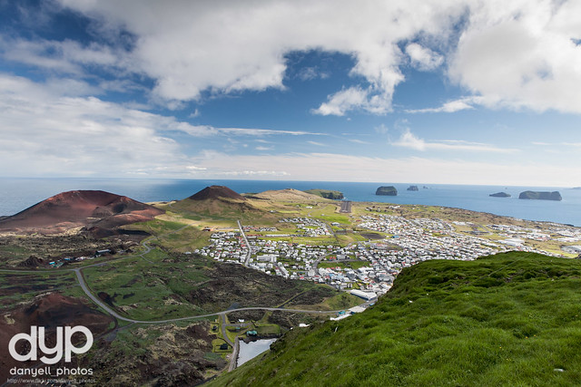 The view from the top of Heimaklettur (Home Rock) on Heimaey, Westman Islands. Iceland.