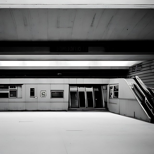 35mm photography of a brutalist train station