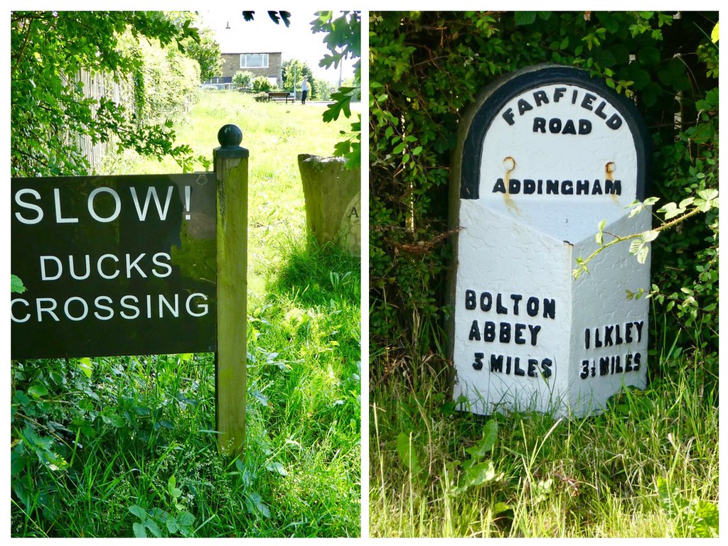 Milestone and Ducks Crossing sign, Addingham, West Yorkshire