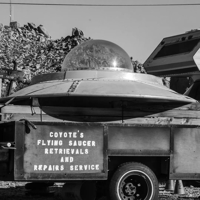Flying Saucer, Jacumba/Ocotillo, California, 2015. I don't know what everyone else in the US and Canada is getting excited about, we've been able to see UFOs just east of San Diego for years. 😂 Coyote's Flying Saucer Retrieval and Repair, an allegoric