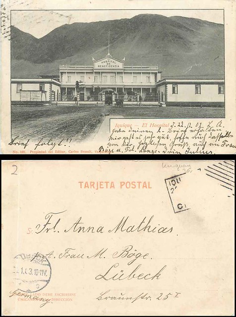 Postal de 1903 con el Hospital de Beneficencia de Iquique.