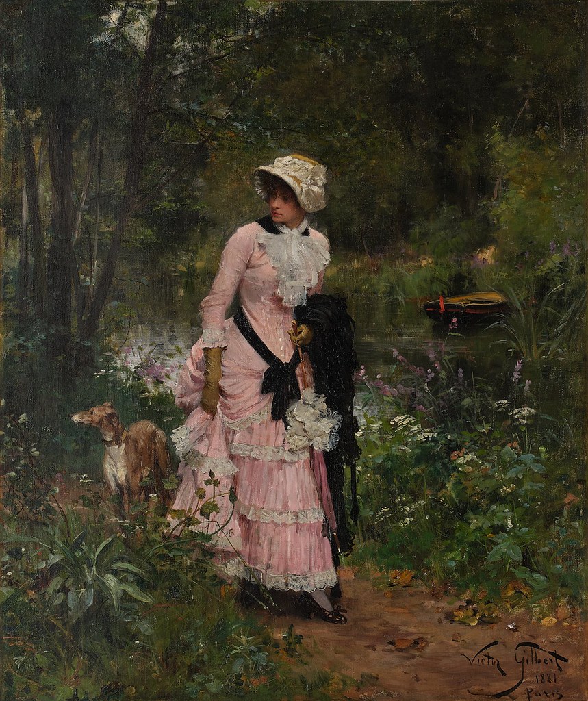 Victor Gabriel Gilbert «Lady in pink dress walking her dog», 1881