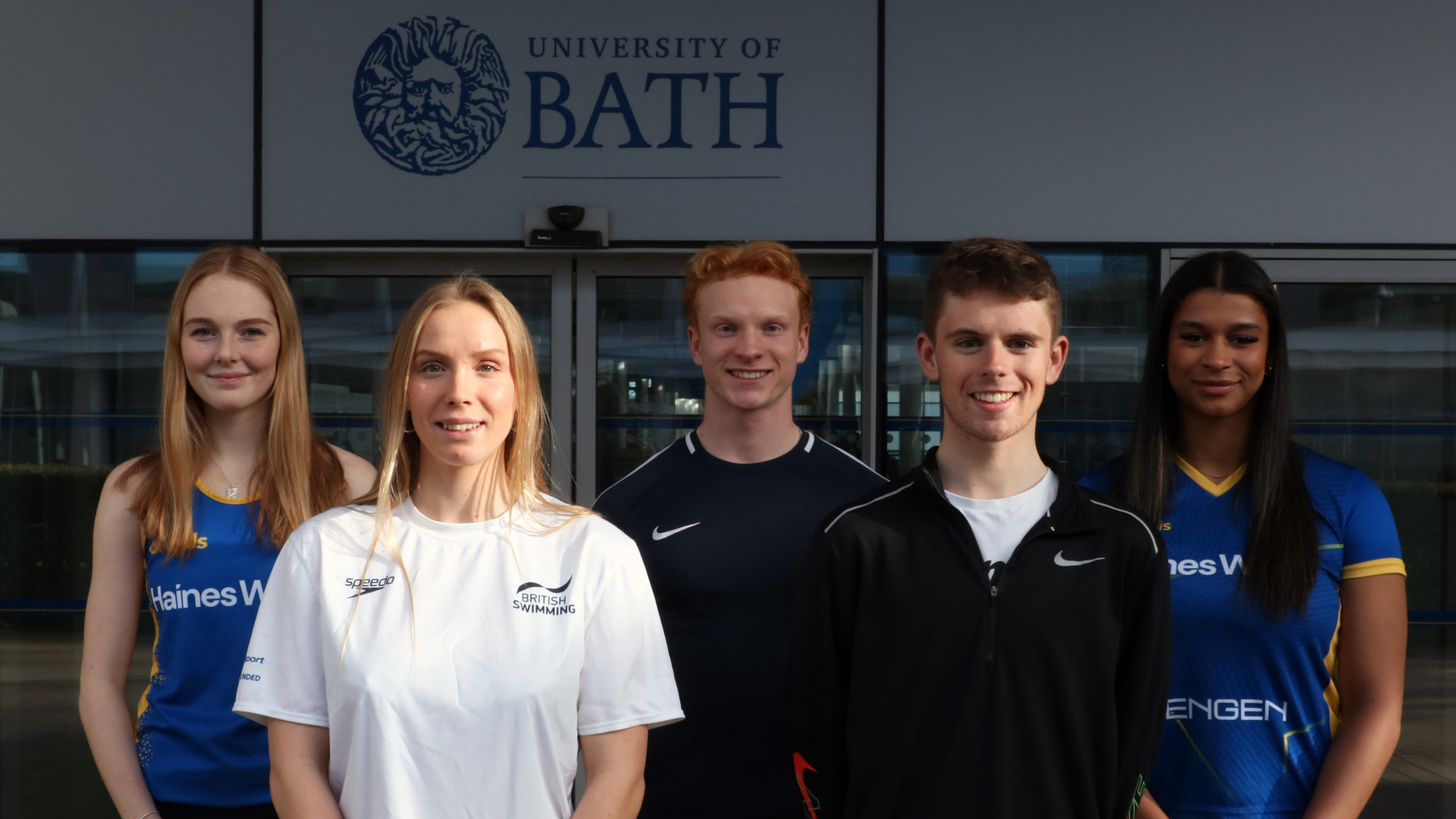 A group of young people wearing University of Bath branded sportswear.