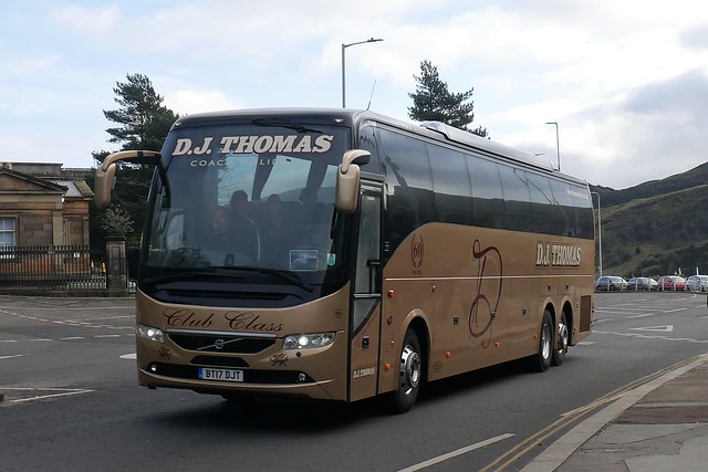 DJ Thomas Coach Holidays of Neath Volvo B11RT Volvo 9700 BT17DJT 102 at Regent Road, Edinburgh, on 11 February 2023.