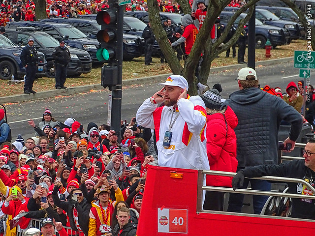 Travis Kelce at KC Chiefs Super Bowl Championship Parade, 15 Feb 2023