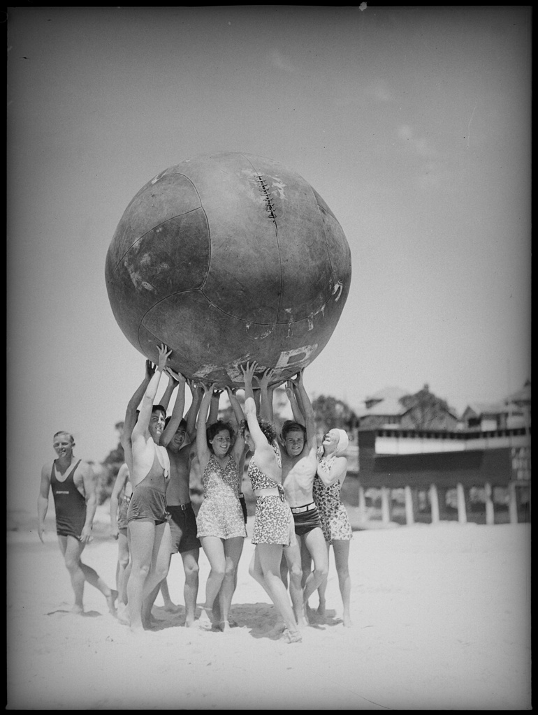Playing with a push ball, Cronulla, Sydney, 1939