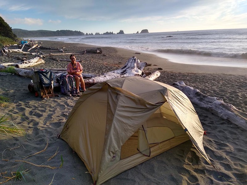 Our tent and campsite at Shi Shi Beach on the soft sand between driftwood logs, well above high tide