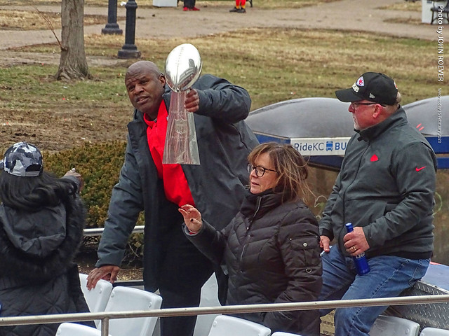 Bieniemy holding Lombardi Trophy during KC Chiefs Super Bowl Championship Parade, 15 Feb 2023