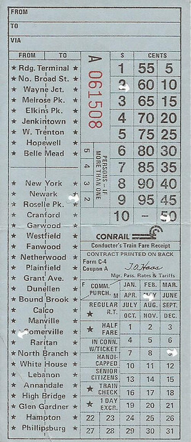 Conrail ticket (Conductor's Cash Fare Receipt) for Raritan Valley Line stations (including the Philadelphia Line) - circa late 1970's/early 1980's (May 9, 19??).  Used between Newark and Somerville.