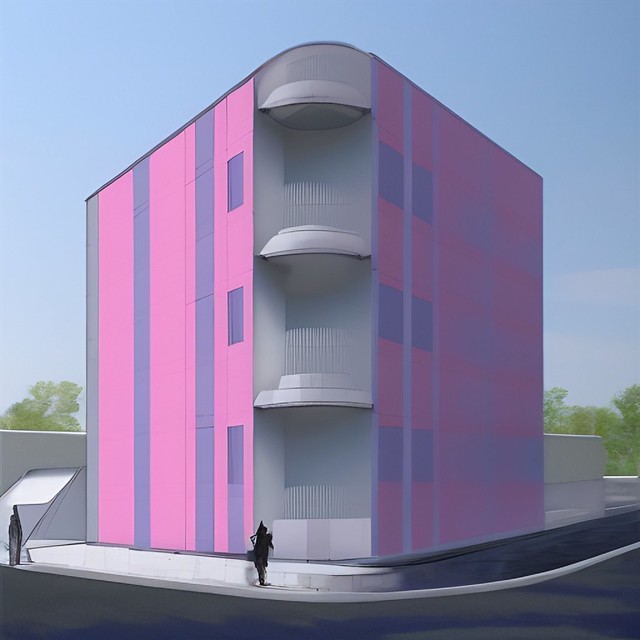 concept art for bauhaus building in light blue and pink