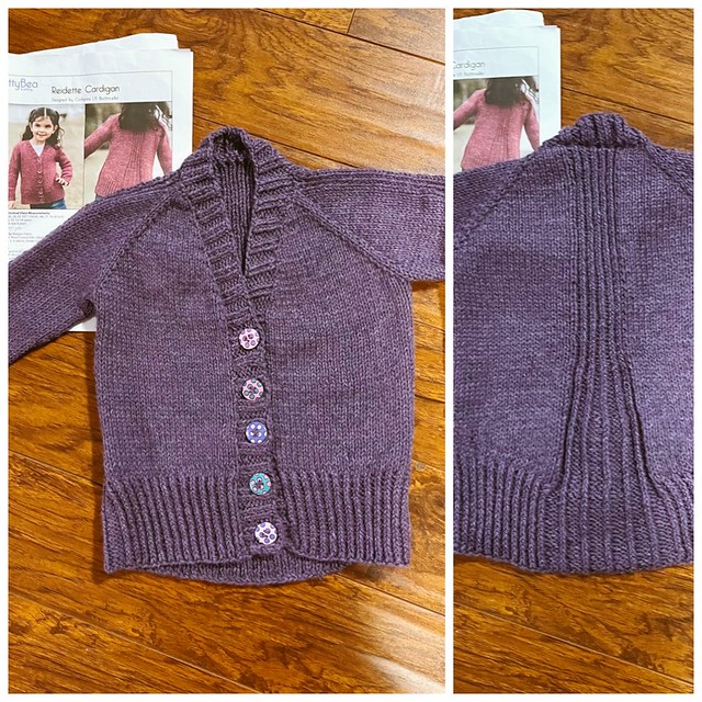 Angela finished this Reidette Girls Cardigan by Kitty Buch. Yarn is Berroco Vintage in Lilacs.