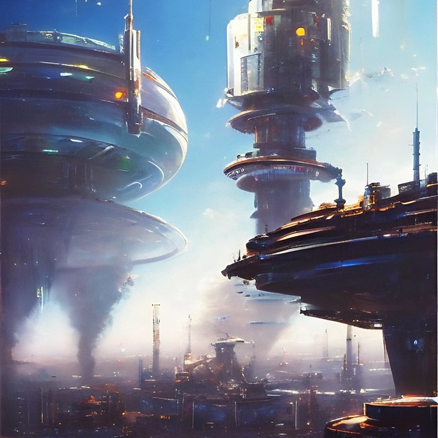 futuristic industrial cityscape with space port ...