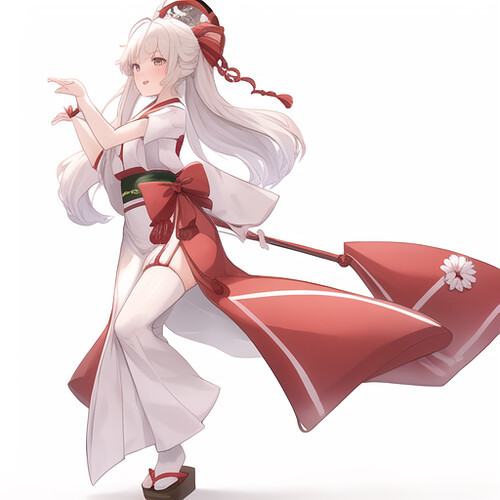 03466-2030801829-cute girl , red and white japanese shrine dress, dance,  white hair, white background,, masterpiece, best quality