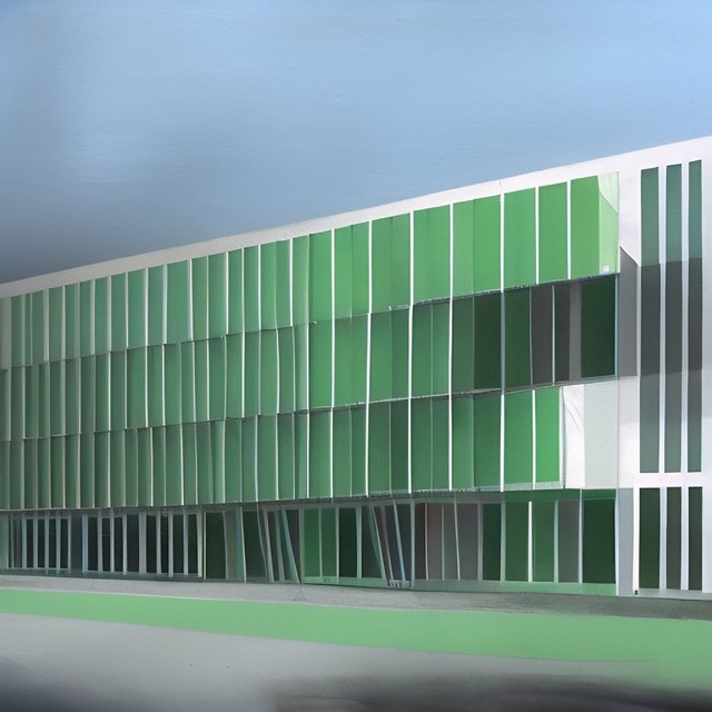 concept art for bauhaus building in aquamarin, light green and silver