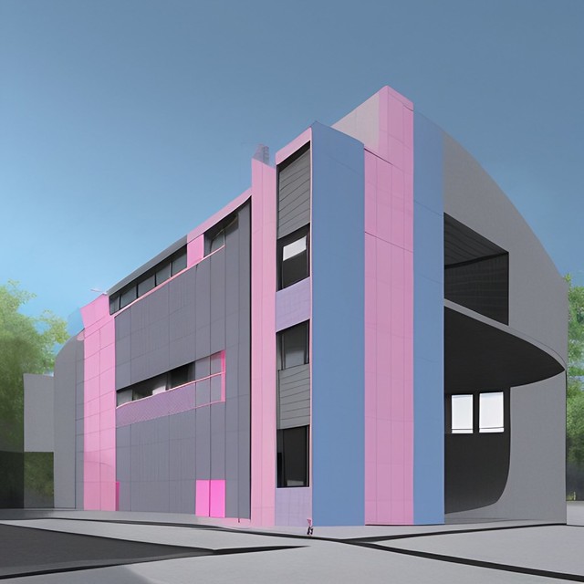 concept art for bauhaus building in light blue and pink