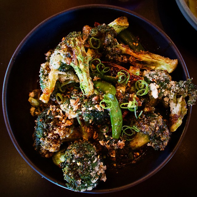 general tso’s broccoli, sugar snap peas, fried chilli, green onion