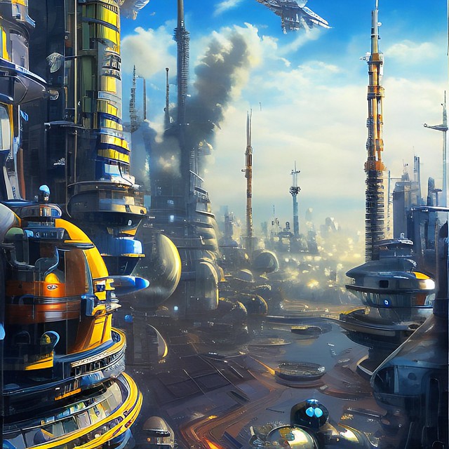 futuristic industrial cityscape with space port ...