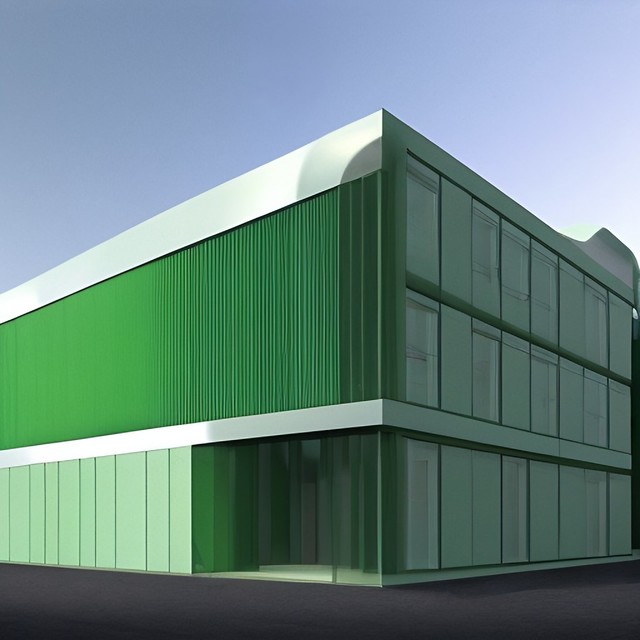 concept art for bauhaus building in aquamarin, light green and silver