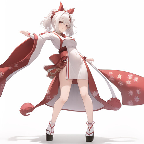 03477-2030801829-cute girl , red and white japanese shrine dress, dance,  white hair, white background,, masterpiece, best quality
