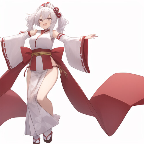 03469-2030801829-cute girl , red and white japanese shrine dress, dance,  white hair, white background,, masterpiece, best quality