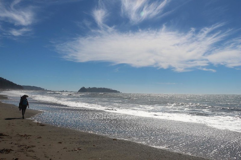 Pretty clouds and a beautiful day on Rialto Beach, with James Island to the south