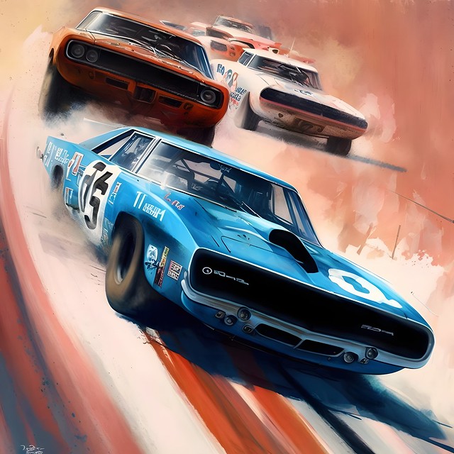 a Dodge Charger Daytona of 1969 during a NASCAR race driving in a steep curve with other race cars