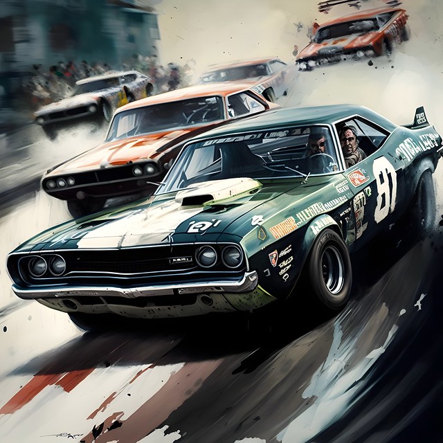 a Dodge Challenger of 1969 during a NASCAR race driving in a steep curve with other race cars