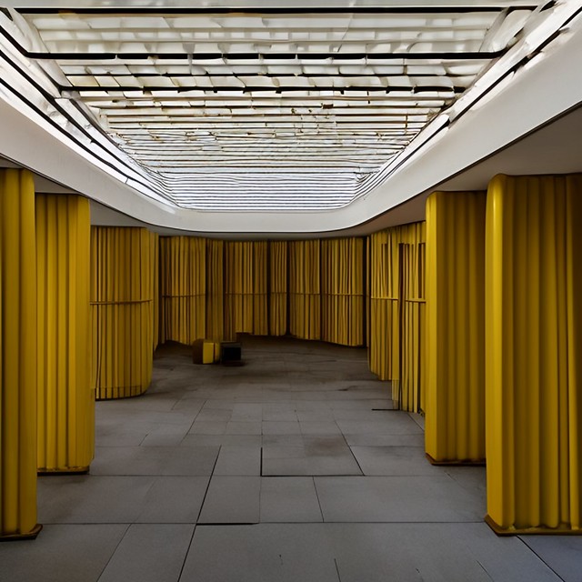 photo of a brutalist interior in yellow and orange