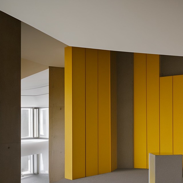 photo of a brutalist interior in yellow and orange
