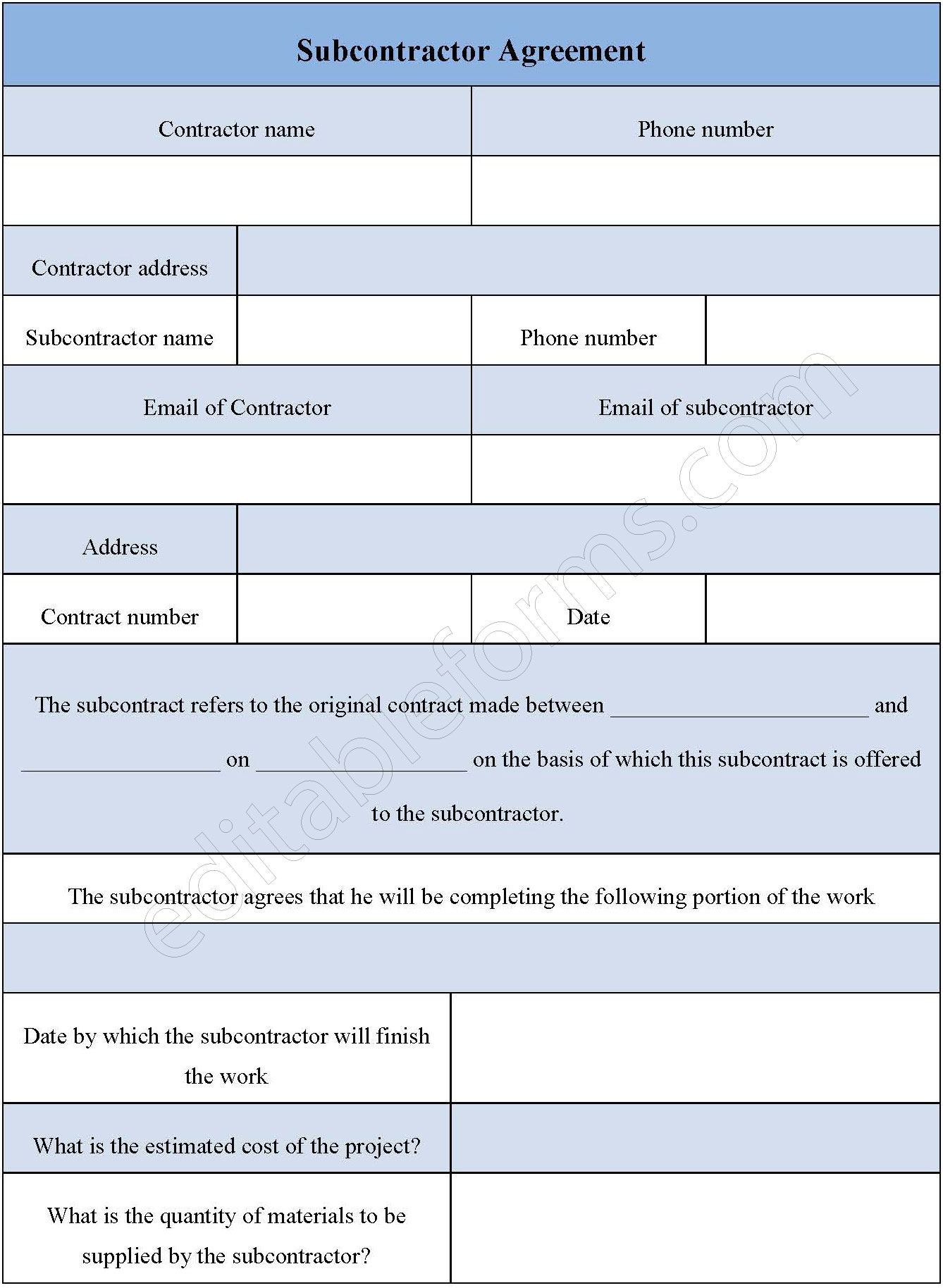 Subcontractor Agreement Form