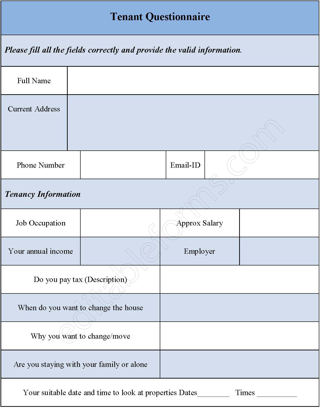 Tenant Questionnaire Form