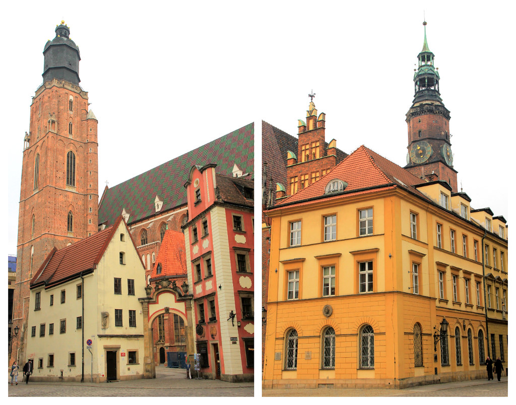 St. Elizabeth's Church, Hansel and Gretel Houses and a brightly coloured building next to the Town Hall, Wroclaw