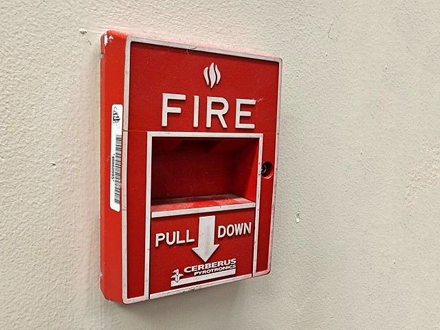 Fire alarm pull station at Ross in Columbia, Maryland