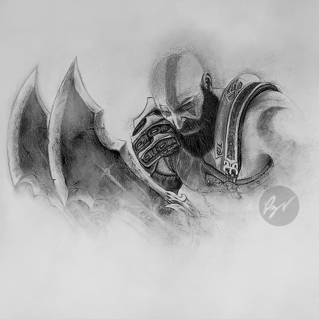 Charcoal drawing of Kratos