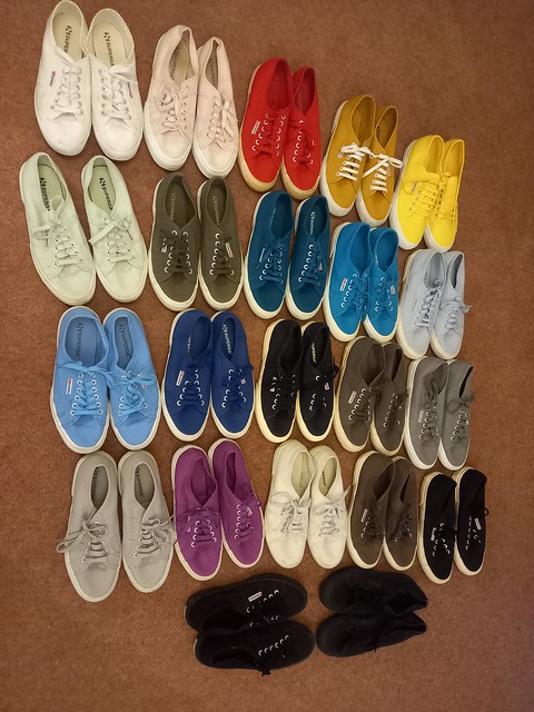 Superga- over 20 different colours I have so far ,a  sort of spectrum of colour. All are the 2750 series , the classic Superga. No doubt I will find more colours in due course