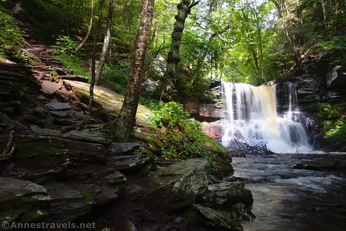 Sheldon Reynolds Falls and the trail (on left) along the Falls Trail in Ricketts Glen State Park, Pennsylvania