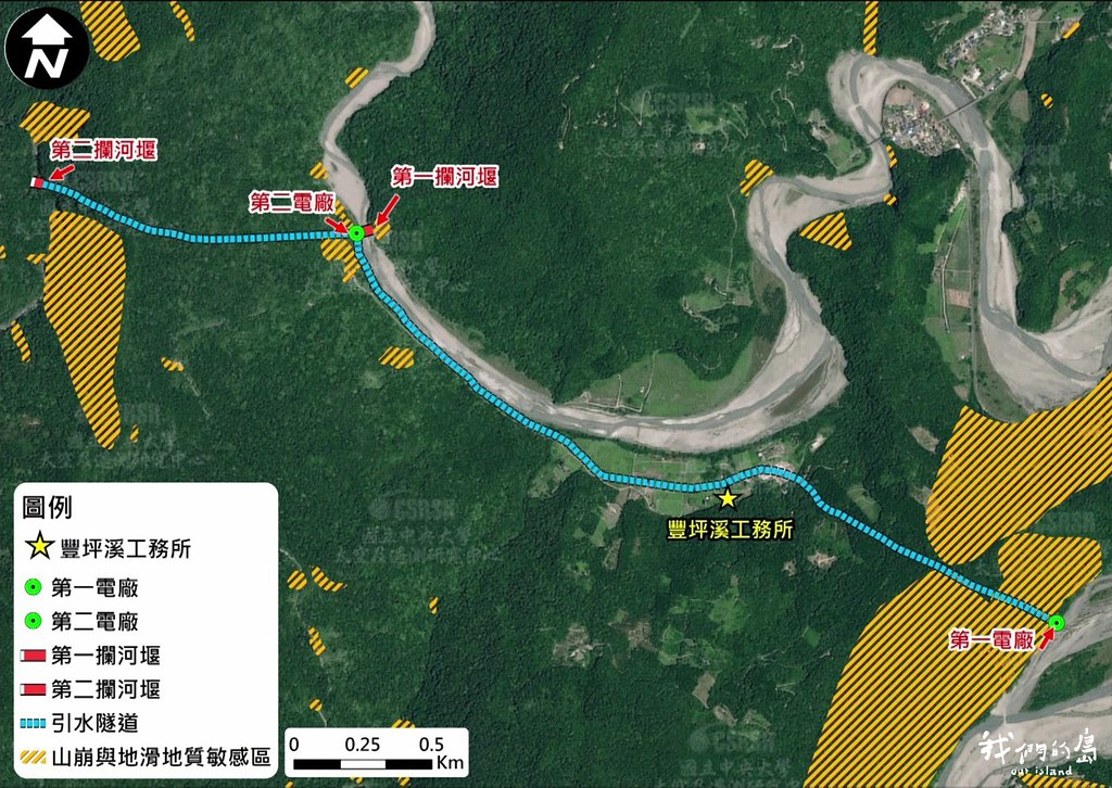 成大團隊以現有資料比對，發現電廠主要設施與山崩地滑地質敏感區、大規模崩塌潛勢區高度重疊。