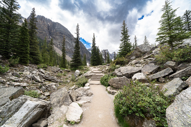 Path of the Rockpile Trail at Moraine Lake, leading to a famous viewpoint of the teal lake