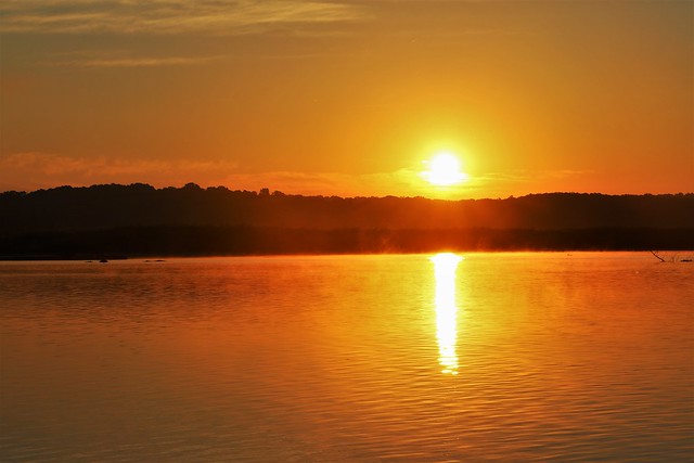 a sunrises over a lake with a tree-lined ridge in the background-a black silhouette against the bright orange sky and reflection on the water