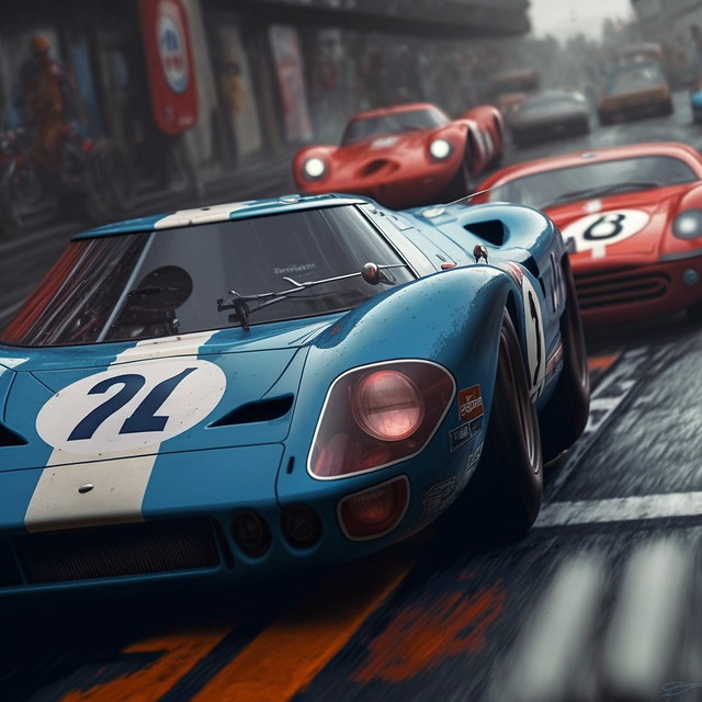 a blue Ford GT40 in gulf paint driving in front of a red Ferrari 330 P3 in the 24h of le mans race of 1966