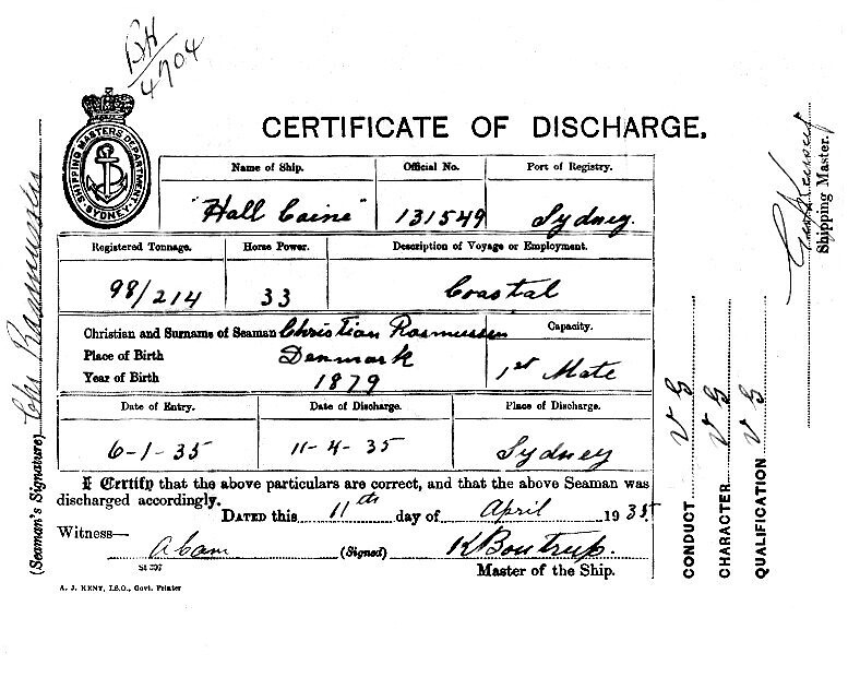 'HALL CAINE" - Certificate of Discharge Rasmussen